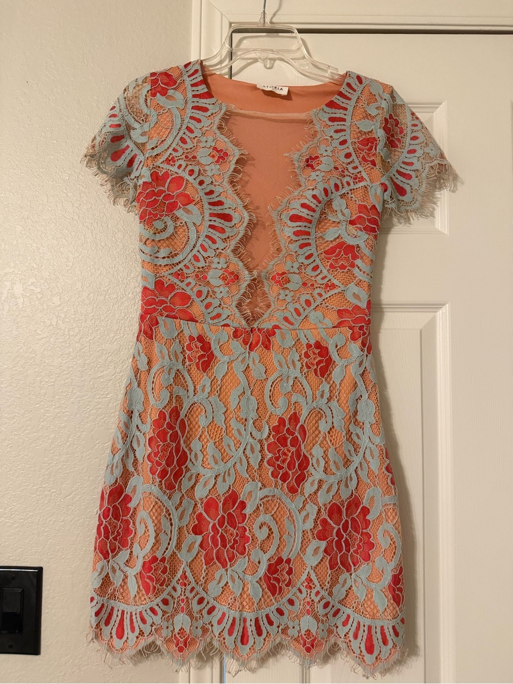 Storia Coral and Light Blue Lace V-Neck Lace Mini Dress
